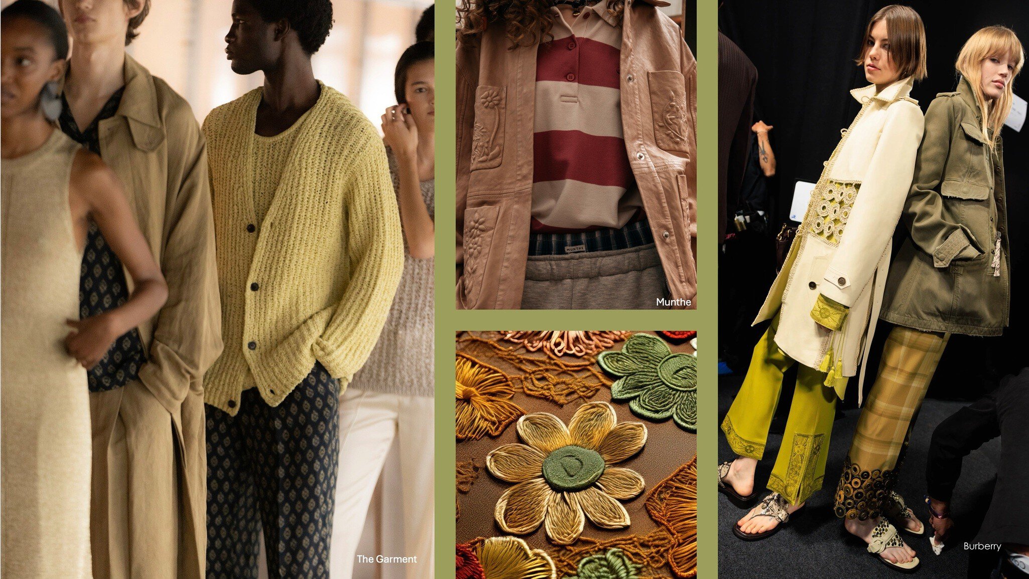 Eine Fotocollage mit vier Bildern, auf denen Models in vorwiegend gelben, grünen und roten Outfits posieren. Eine Nahansicht zeigt gestickte Blumen.