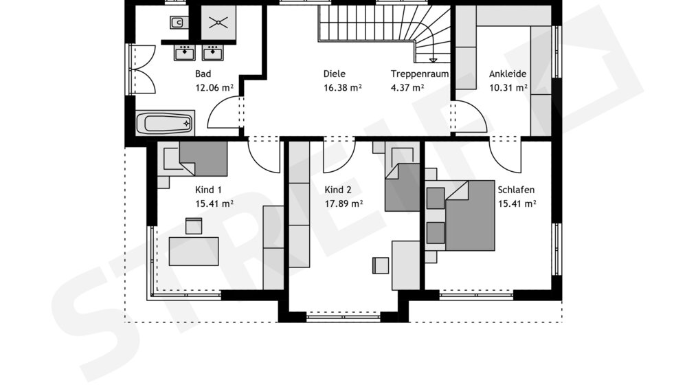 Schwarz-weißer Grundriss mit beschrifteten Räumen: Badezimmer, Flur, Ankleidezimmer, Schlafzimmer und zwei Kinderzimmer. Die Raumgrößen sind in Quadratmetern angegeben.