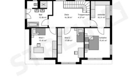 Schwarz-weißer Grundriss mit beschrifteten Räumen: Badezimmer, Flur, Ankleidezimmer, Schlafzimmer und zwei Kinderzimmer. Die Raumgrößen sind in Quadratmetern angegeben.