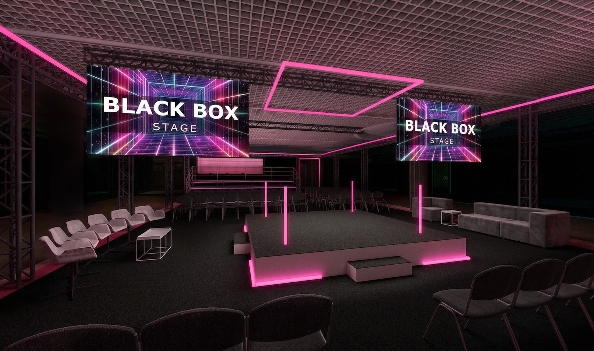 A 3D rendering of a futuristic space with pink accents, a stage in the centre, two screens displaying the text ‘BLACK BOX STAGE’, and seating arranged around it.