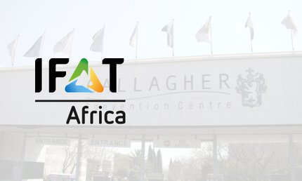 Logo of IFAT Africa with a pale gray background photo of the trade fair building.
