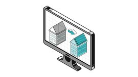 Grafik eines Monitors, auf dem zwei Häuser mit schrägen Dächern angezeigt werden. Im Unterschied zum linken Haus trägt das rechte eine Solaranlage auf dem Dach.