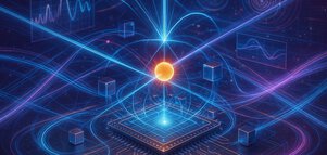 Visualization of quantum technology basics - a glowing particle above a chip symbolizes innovative enabling technologies for the quantum world.