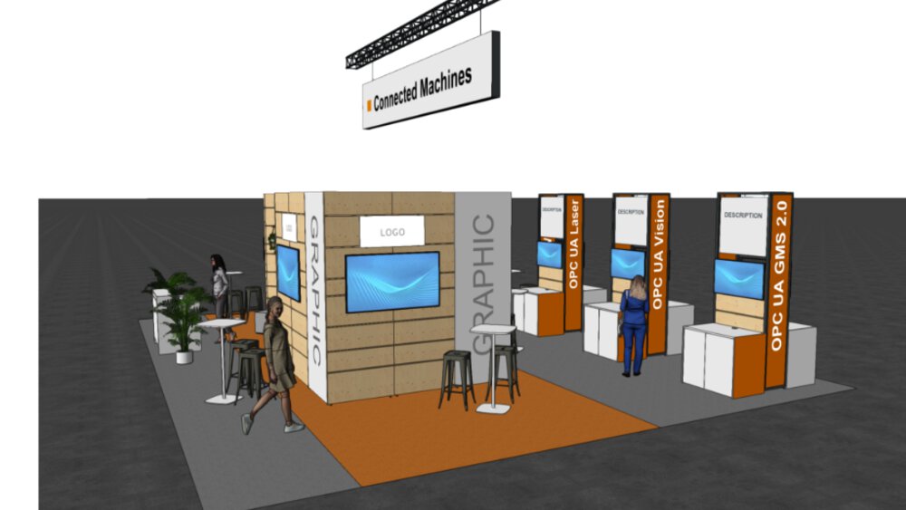 Messestand mit „Connected Machines“-Beschilderung und interaktiven Displays.