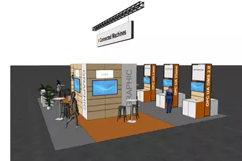 Messestand mit „Connected Machines“-Beschilderung und interaktiven Displays.