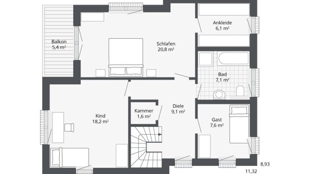 Schwarz-weißer Grundriss mit beschrifteten Räumen und Maßangaben.