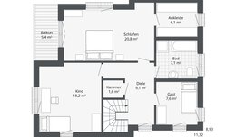 Schwarz-weißer Grundriss mit beschrifteten Räumen und Maßangaben.