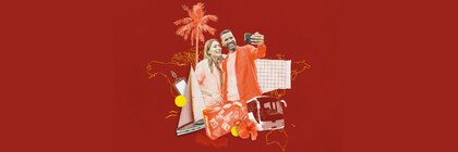 Eine rote Bannergrafik mit einer Fotocollage in der Mitte. Zwei Personen machen ein Selfie, darum herum sind ein Bus, ein Koffer, ein Segelboot und eine Palme.