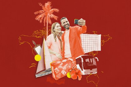 A red banner graphic with a photo collage in the centre. Two people are taking a selfie, surrounded by a bus, a suitcase, a sailing boat and a palm tree.