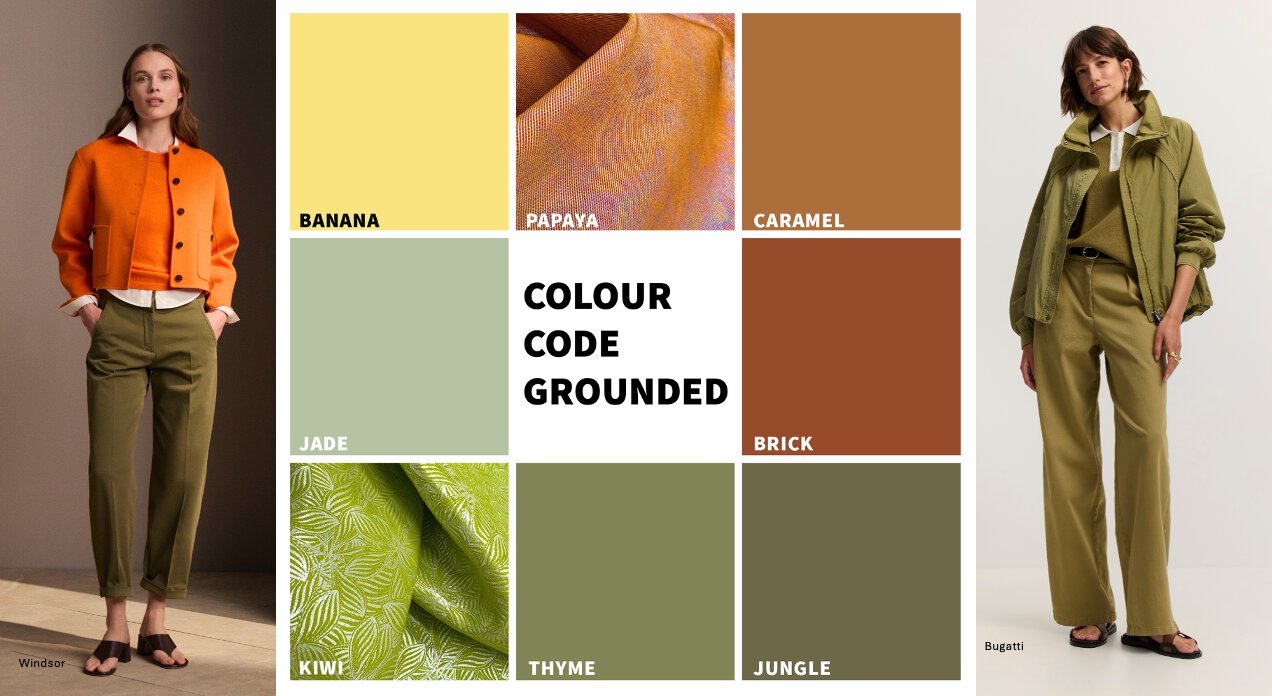 Eine Fotocollage zum Thema „Colour Code“ in unterschiedlichen Gelb-, Braun- und Grüntönen mit zwei farblich passend angezogenen Models rechts und links.