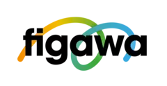 Logo for figawa with black lettering in small letters and a colorful, curled line behind it.