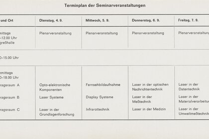Ein wöchentlicher Seminarplan mit verschiedenen Themen, Daten und Zeiten in tabellarischer Form.