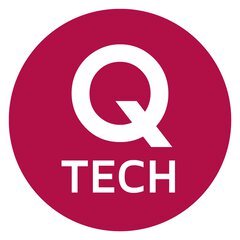 Logo for Q TECH. The lettering is on a magenta-colored circle with a large Q.