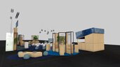 3D visualization of a special exhibition area with a stage and seating area for presentations, surrounded by modern presentation stands, an information desk, and lounge areas. The design combines wood and blue tones with green plants to create a sustainable ambience.