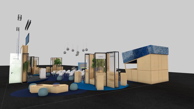 3D visualization of a special exhibition area with a stage and seating area for presentations, surrounded by modern presentation stands, an information desk, and lounge areas. The design combines wood and blue tones with green plants to create a sustainable ambience.