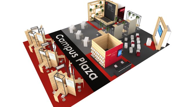 Detailiertes 3D-Modell des Campus Plaza auf der transport logistic mit verschiedenen Ausstellungsmöglichkeiten und Beratungstischen.