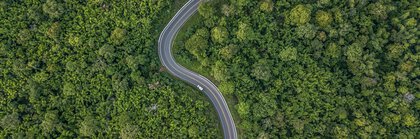 Draufsicht auf eine kurvenreiche Straße mit einem einzelnen weißen Fahrzeug, die durch dichten grünen Wald führt.