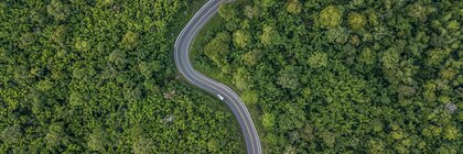 Draufsicht auf eine kurvenreiche Straße mit einem einzelnen weißen Fahrzeug, die durch dichten grünen Wald führt.