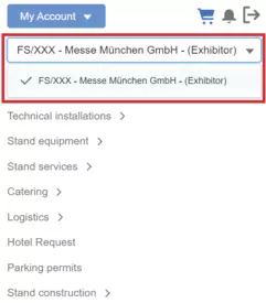 A navigation menu in English. At the top is a drop-down menu with a red border that says “FS/XXX - Messe München GmbH - (Exhibitor).