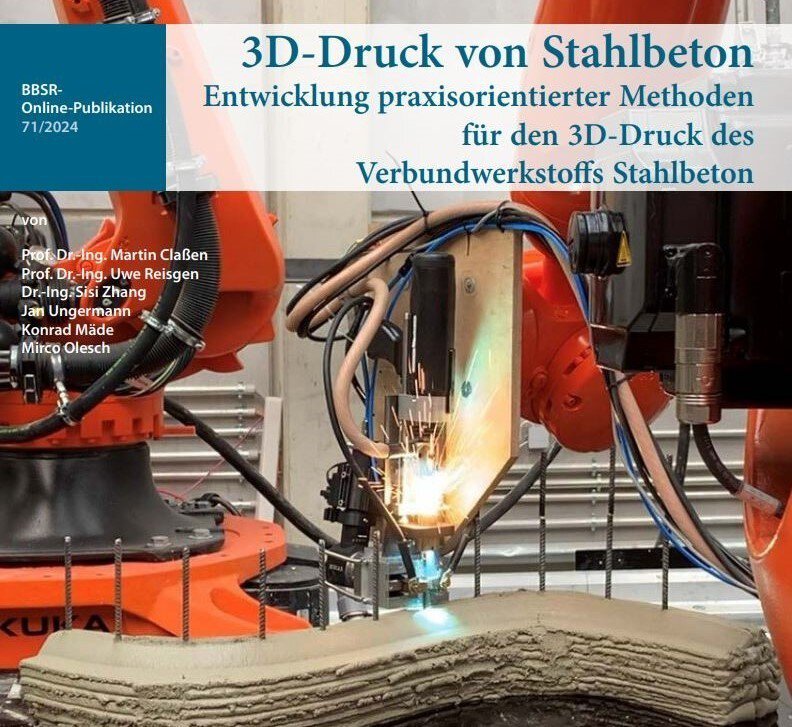 Roboter drucken Beton 3D mit Text zum 3D-Druck von Stahlbeton auf Deutsch.