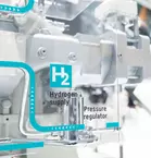 Image of an engine block with “Hydrogen Supply” and “Pressure regulator” signage