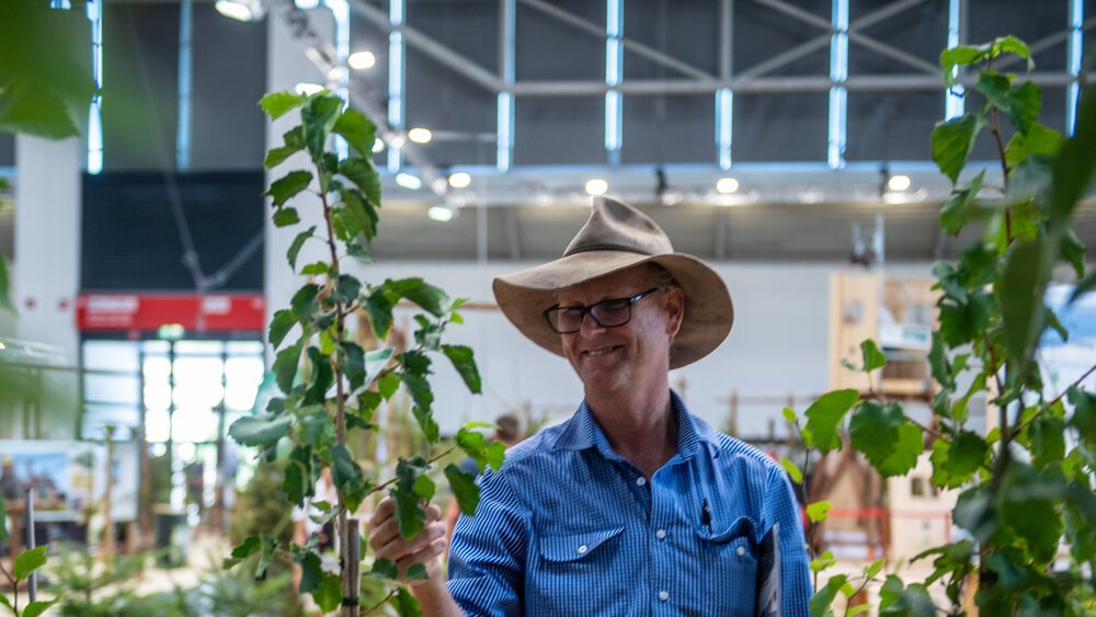 Mann mit Hut steht an einem Messestand zwischen jungen Bäumen und betrachtet eine Pflanze in einer Ausstellungshalle.