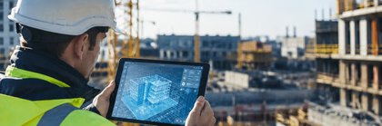 A man wearing a hard hat and a neon-yellow safety vest is standing on a construction site, holding a tablet displaying a construction plan.