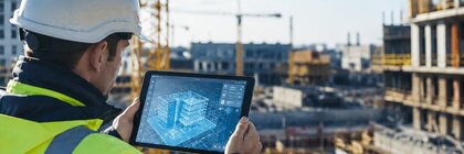 A man wearing a hard hat and a neon-yellow safety vest is standing on a construction site, holding a tablet displaying a construction plan.