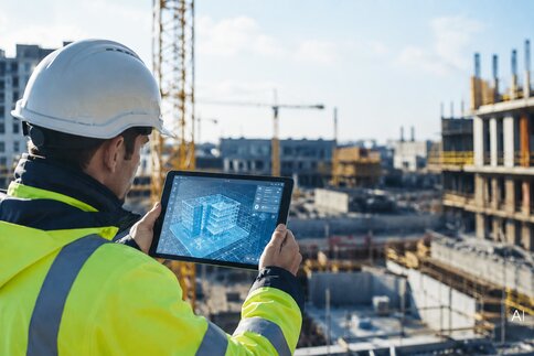 Ein Mann mit Helm und neongelber Warnjacke steht auf einer Baustelle, hält ein Tablet in der Hand, auf dem ein Bauplan zu sehen ist.