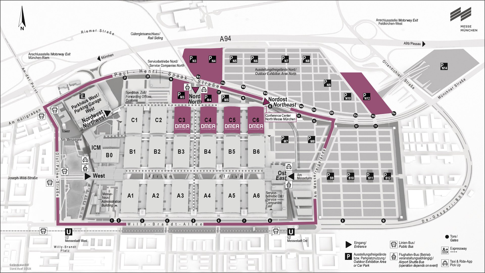 Map of the Munich Trade Fair Grounds showing the halls, entrances, parking lots, and public transportation stops.