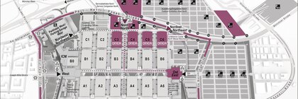 Plan der Messe München mit beschrifteten Hallen, Eingängen, Parkplätzen und Haltestellen der öffentlichen Verkehrsmittel