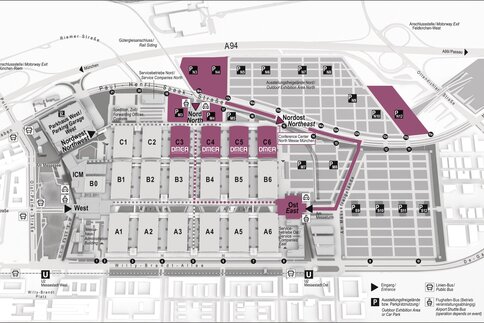 Map of the Munich Trade Fair Grounds showing the halls, entrances, parking lots, and public transportation stops.