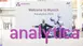 3D letters in bright pink forming the word 'analytica'. Behind it, a visitor stands in front of a poster with 