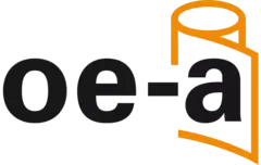 Logo with the text “oe-a” in black. An orange icon of an upright reel is visible behind the a.