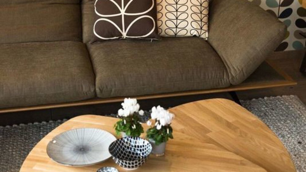 Gemütliches Wohnzimmer mit brauner Couch und dekorativen Kissen. Auf einem hölzernen Couchtisch stehen eine Pflanze und Dekorationsgegenstände.