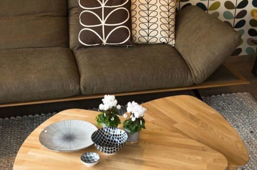 Gemütliches Wohnzimmer mit brauner Couch und dekorativen Kissen. Auf einem hölzernen Couchtisch stehen eine Pflanze und Dekorationsgegenstände.