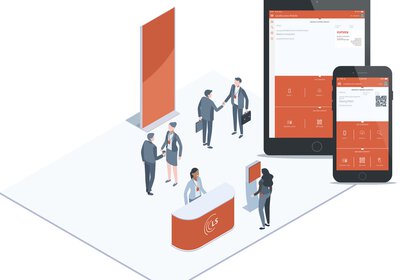 Business people network at a trade fair; two mobile devices show a business app with an orange-coloured design.