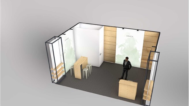Depiction of a U-shaped exhibition stand with printed walls, a counter, a seating area and exhibition shelves.