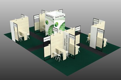 3D rendering of the Sensor Pavilion with modular wooden exhibition booths, logo panels, and seating areas