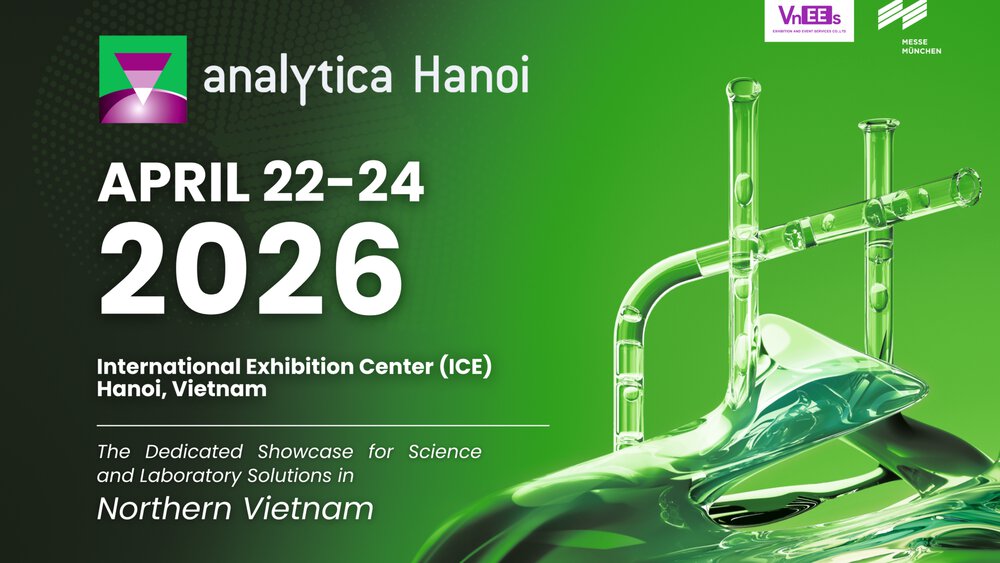 Green event banner for analytica Hanoi 2026, 22 to 24 April at the ICE, Hanoi, with graphics by Laborglas.