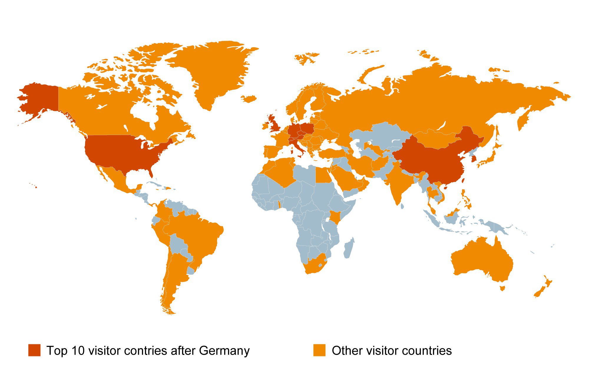 World map with visitor countries marked in color, including highlighted top 10 countries and other countries of origin.
