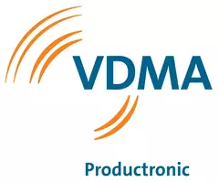 Logo von „VDMA Productronic“ in türkis, von den Buchstaben „V“ und „D“ gehen orangene Bögen wie Schallwellen ab.