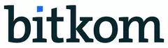 The image shows the word ‘bitkom’ in a black serif font with a small blue square above the letter ‘i’.
