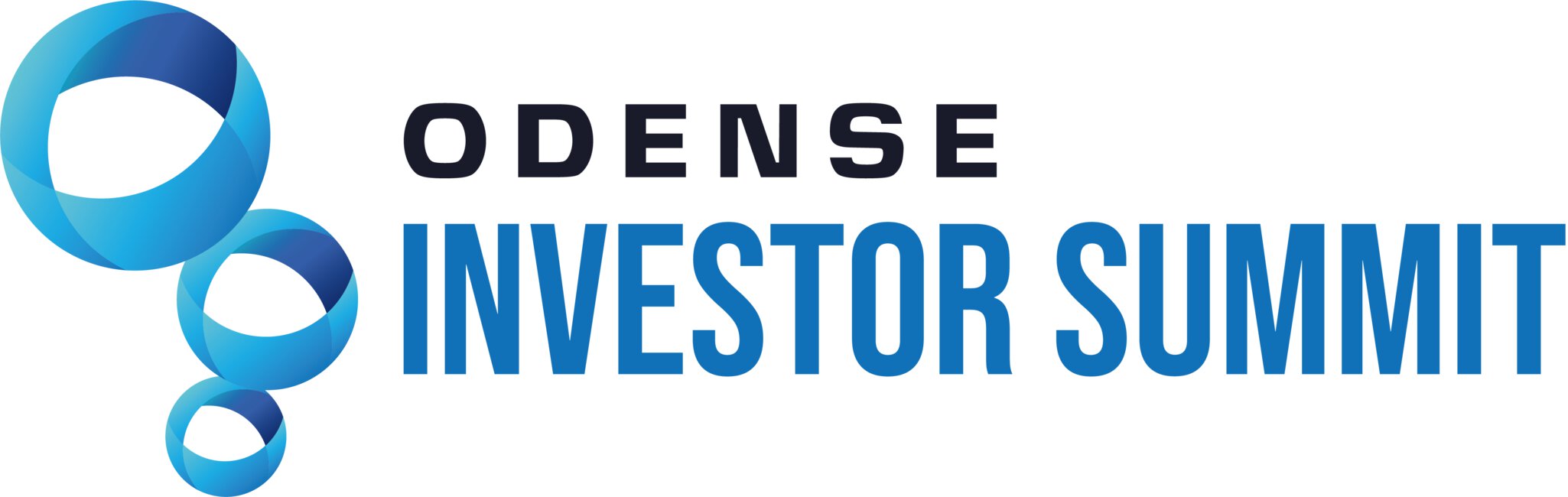 Logo for ODENSE INVESTOR SUMMIT. The logo is blue, only ODENSE is black. To the left, 3 stylized blue bubbles rise up.