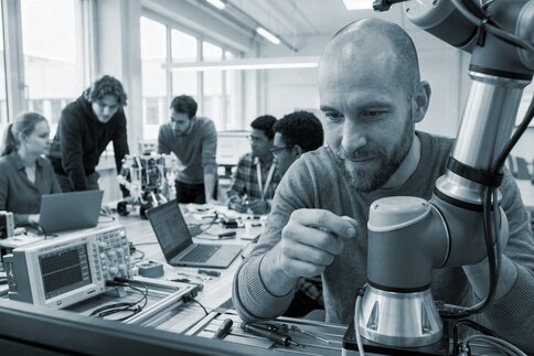 Mann arbeitet an einem Roboterarm, weitere Personen sitzen an einem Arbeitstisch.