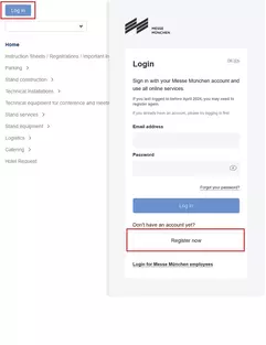 Messe München login page with options for logging in, registering and navigation links on the left-hand side. ‘Login’ and “Register now” are outlined in red.