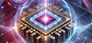 Luminous quantum processor with light beams and data streams - a symbol of the power of quantum computing.