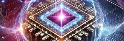 Leuchtender Quantenprozessor mit Lichtstrahlen und Datenströmen – Symbol für die Leistungsfähigkeit des Quantencomputings.