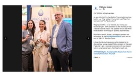 LinkedIn-Beitrag von PFASuiki mit drei Teammitgliedern und einem Molekülmodell in der IFAT Munich Startup Area.