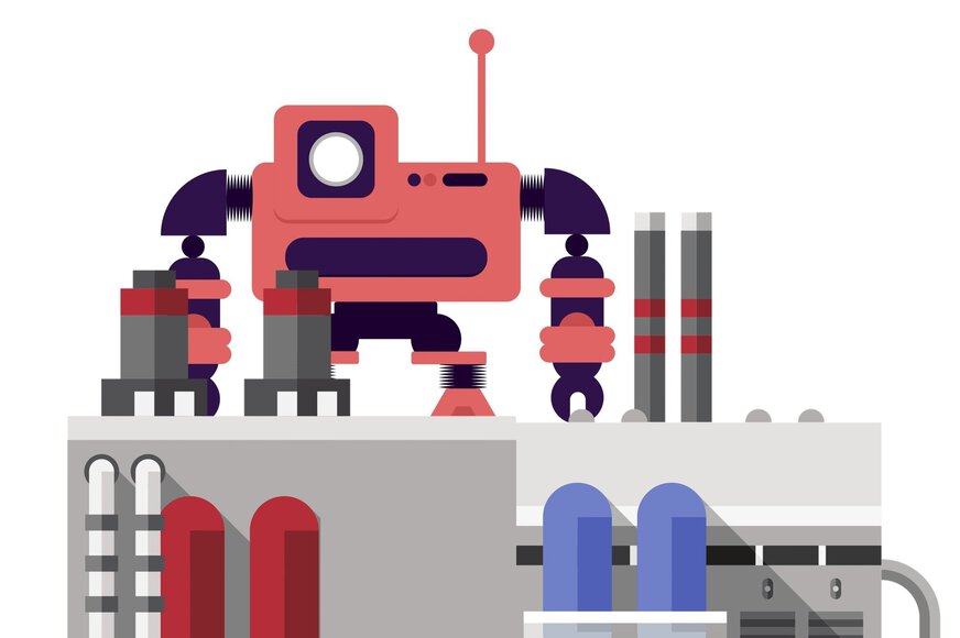 Illustration of a red robot with a camera-like head standing on a factory building with pipes and cylinders.
